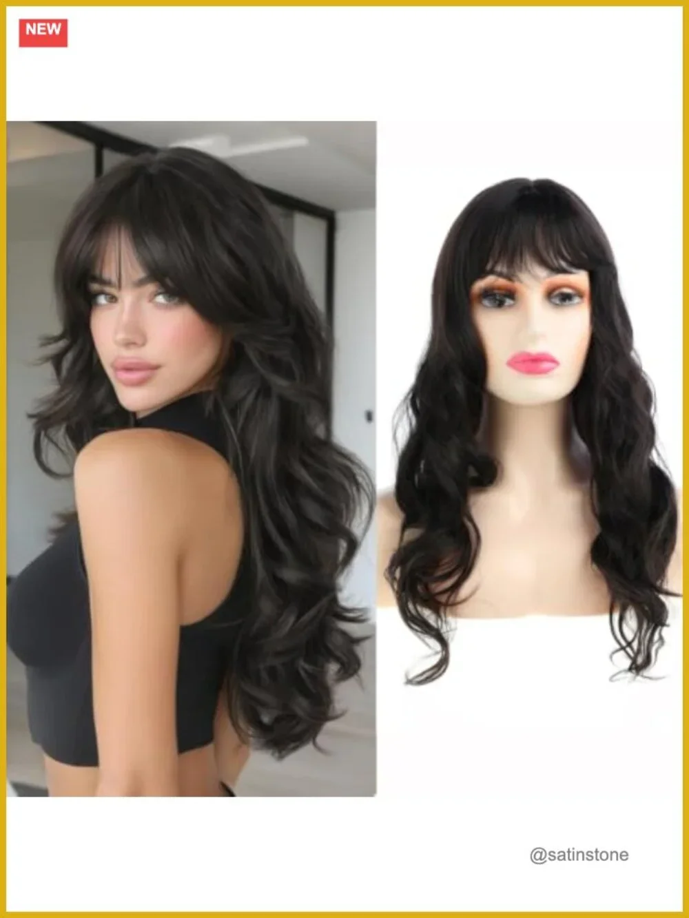 Long Layered Natural Wavy Synthetic Wig with Bangs, Heat Resistant, Adjustable